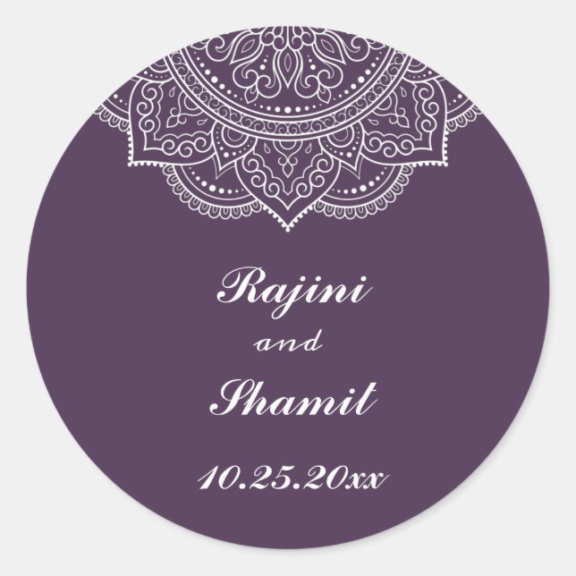 Sticker Rond Élégant Mariage d'aubergine blanche indienne Paisl (Devant)