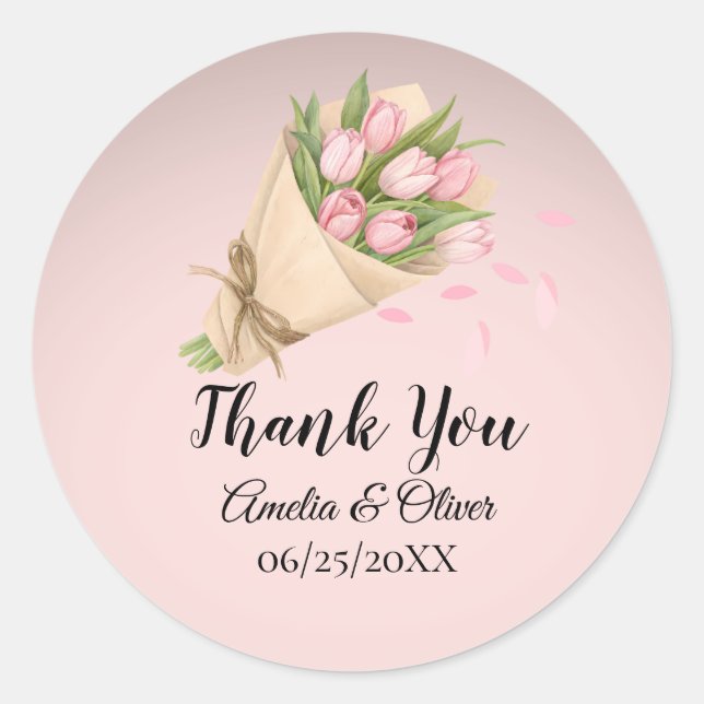 Sticker Rond Élégant Mariage de Bouquet de Tulipes roses mignon (Devant)