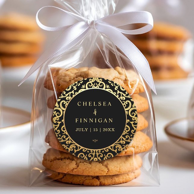 Sticker Rond Élégant Mariage de cadre or (#weddingsticker #goldfoilsticker #luxurywedding #blackandgold #favorwedding #elegantgoldframe)