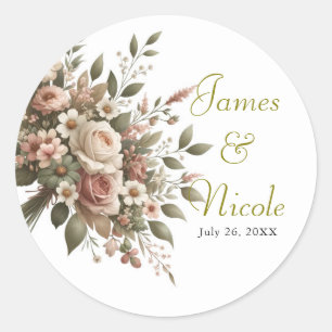 Sticker Rond Élégant mariage de coin floral vert olive et blanc