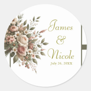 Sticker Rond Élégant mariage de coin floral vert olive et blanc
