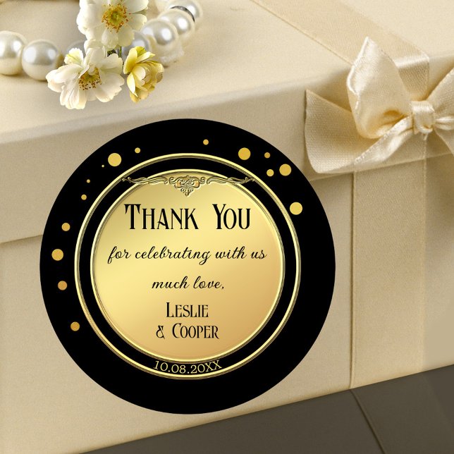 Sticker Rond Elégant Mariage de Confetti Noir Or (Elegant wedding sticker in art deco style in gold and black with festive gold glitter confetti)