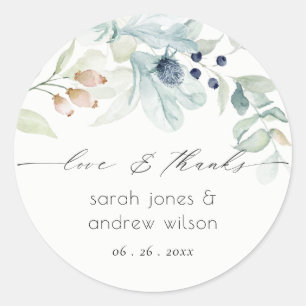Sticker Rond Élégant Mariage de feuillage vert bleu pastel