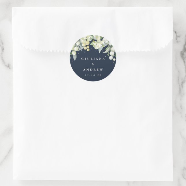 Sticker Rond Elégant Mariage de la marine Snowberry+Eucalyptus (Sac)