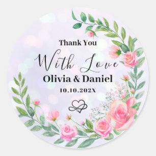 Sticker Rond Élégant Mariage de Merci de Fleurs Roses Bleues