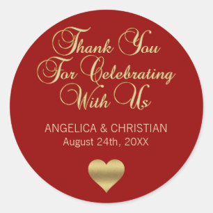 Sticker Rond Elégant Mariage de Merci d'or ROUGE personnalisé