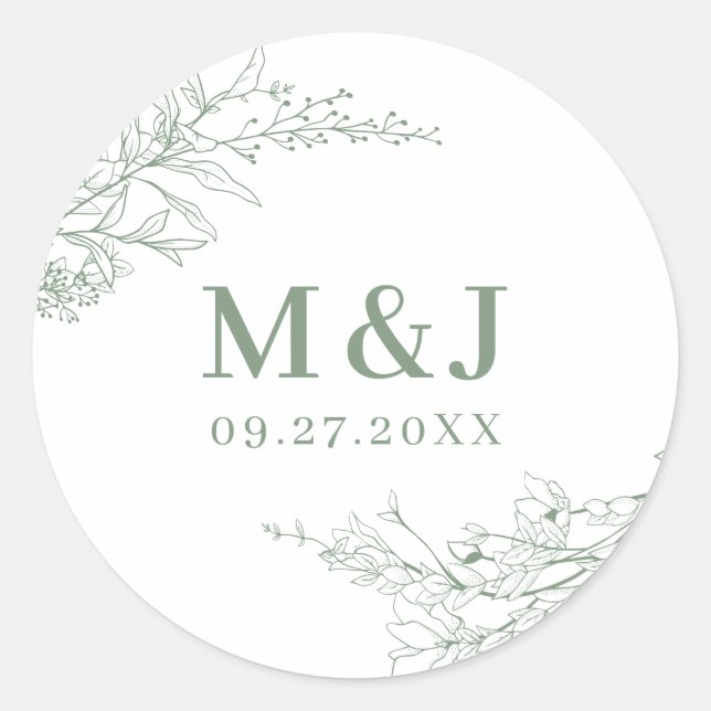 Sticker Rond Élégant Mariage de monogramme de couronne de fleur (Devant)