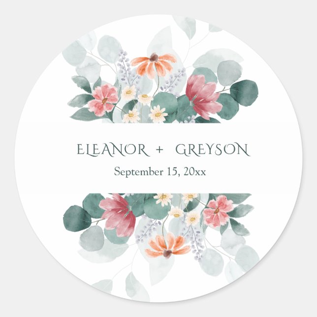 Sticker Rond Élégant mariage de monogramme fleur sauvage (Devant)