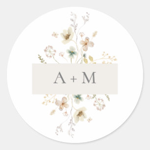 Sticker Rond Élégant Mariage de monogramme floral pressé