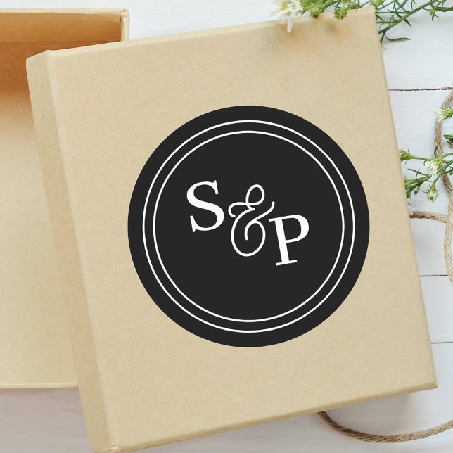 Sticker Rond Élégant Mariage de monogramme noir et blanc (Créateur téléchargé)