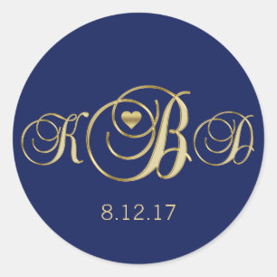Sticker Rond Élégant Mariage de monographie d'or bleu marine