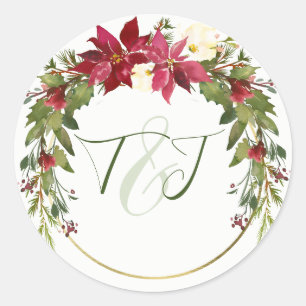 Sticker Rond Élégant mariage de Noël Poinsettia rouge verdure 