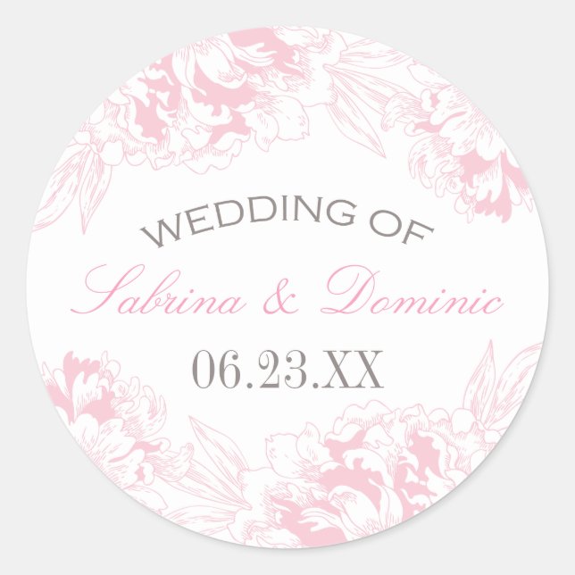 Sticker Rond Élégant Mariage de pivoine rose gris floral (Devant)