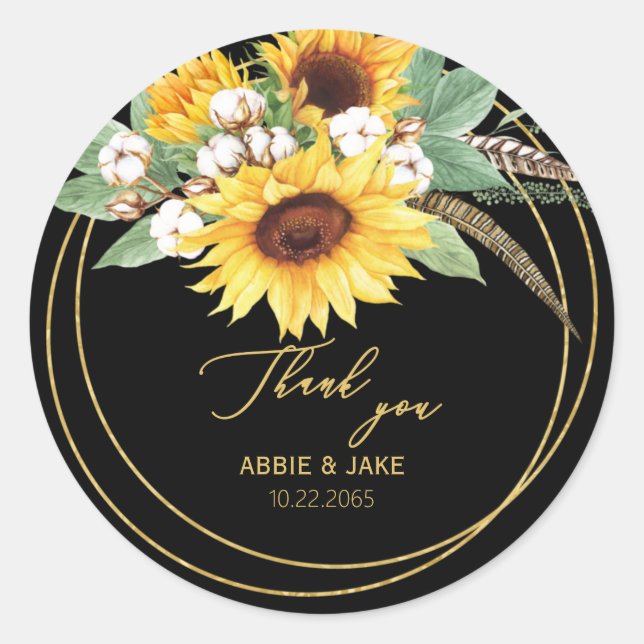 Sticker Rond Elégant Mariage de plumes de tournesol noir (Devant)
