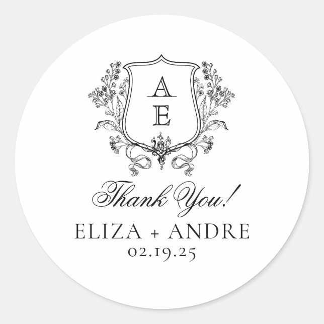 Sticker Rond Élégant Mariage de poitrine de feuille de monogram (Devant)