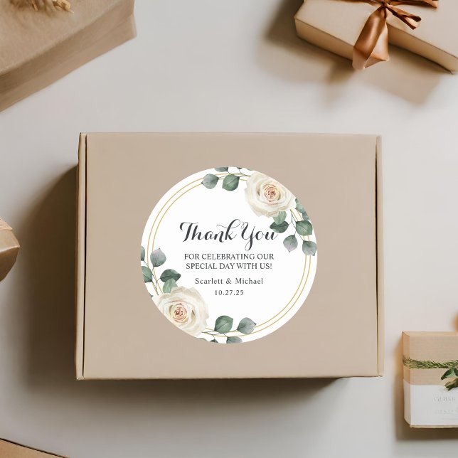 Sticker Rond Élégant Mariage de rose blanche moderne (Créateur téléchargé)