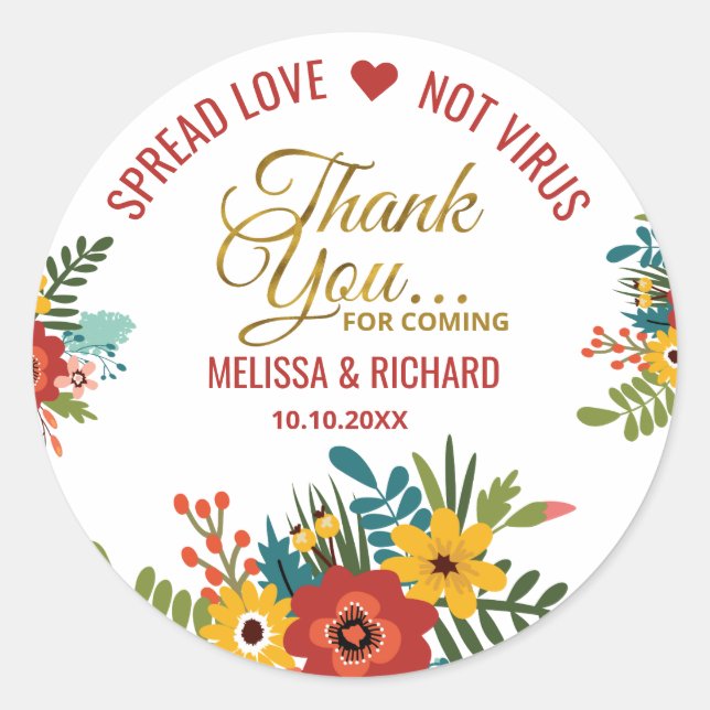 Sticker Rond Élégant Mariage de Sanitizer Floral Merci or (Devant)