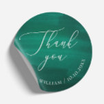 Sticker Rond Élégant mariage de script vert foncé émeraude<br><div class="desc">Élégant script mariage Merci sticker avec dans vert foncé émeraude,  couleur vert profond mer. Convient pour le bois d'été / forêt ou la verdure thème mariage.</div>