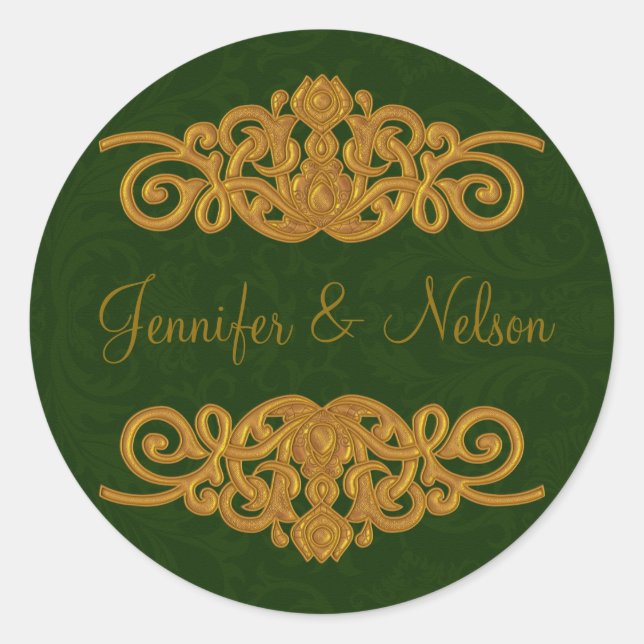 Sticker Rond Elégant Mariage d'enveloppe foncé vert et or (Devant)