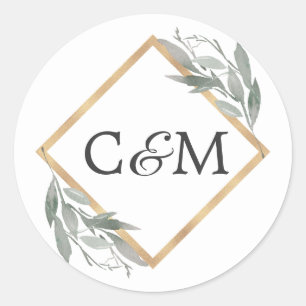 Sticker Rond Élégant Mariage d'or vert feuille de bois