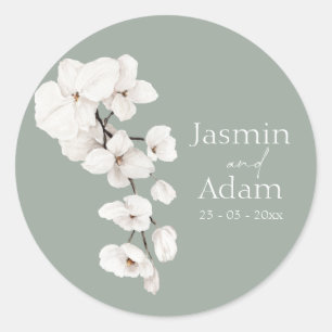 Sticker Rond Élégant Mariage d'orchidée blanche Sage Green
