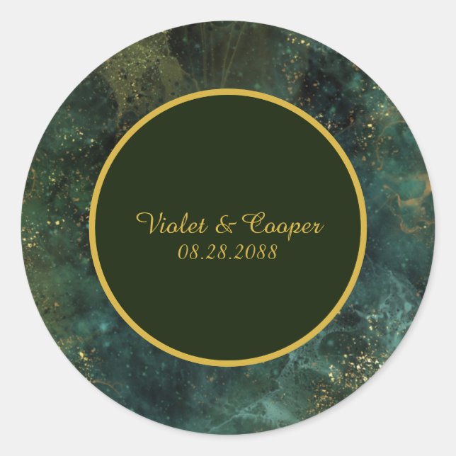 Sticker Rond Élégant Mariage Emerald Green et Gold Flecks (Devant)