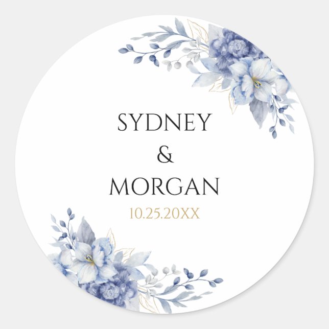 Sticker Rond Élégant Mariage en Poudre bleu et floral (Devant)