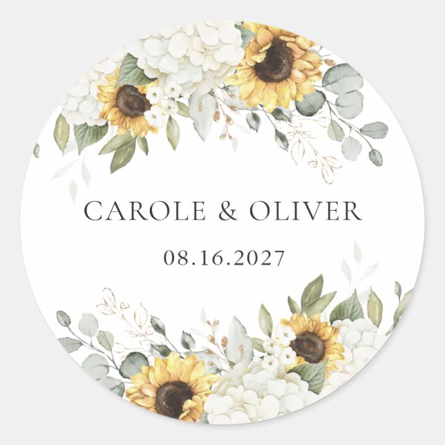 Sticker Rond Élégant Mariage floral blanc Hydrangea tournesol (Devant)