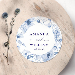 Sticker Rond Élégant Mariage Floral Bleu