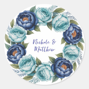 Sticker Rond Élégant Mariage Floral bleu turquoise