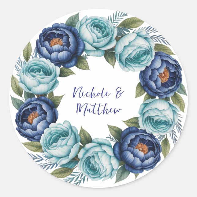Sticker Rond Élégant Mariage Floral bleu turquoise (Devant)