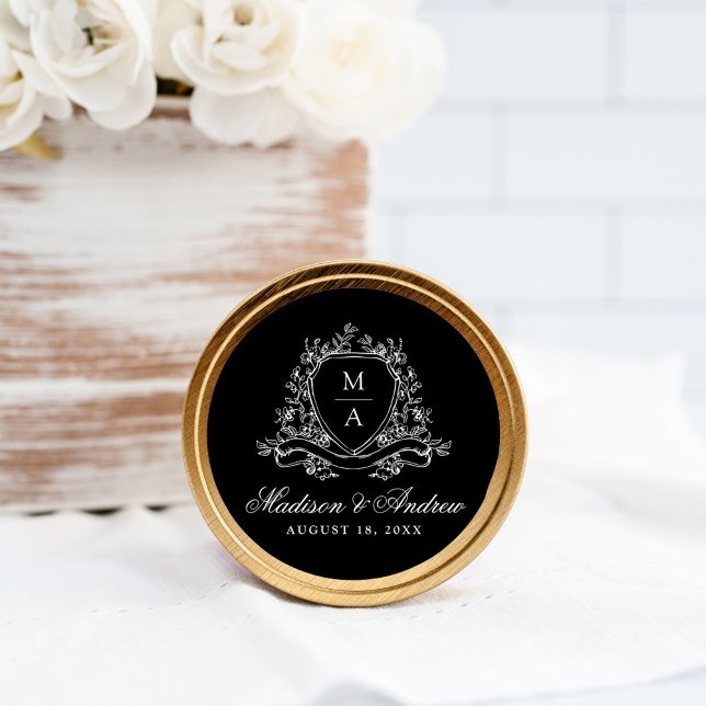 Sticker Rond Élégant Mariage Floral Crest Monogramme noir (Créateur téléchargé)