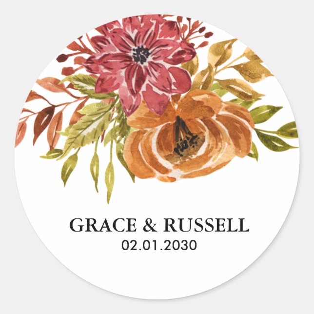 Sticker Rond Élégant Mariage floral de automne rustique (Devant)