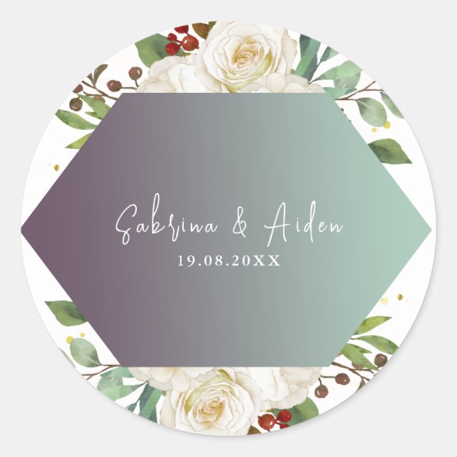 Sticker Rond Élégant Mariage floral de rose blanche naturelle (Devant)