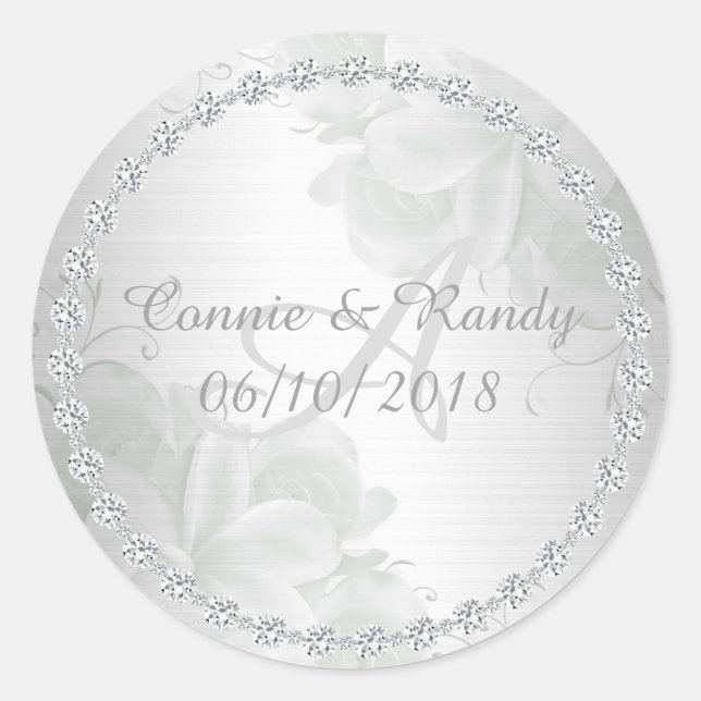 Sticker Rond Élégant Mariage floral et diamant argenté (Devant)