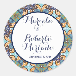 Sticker Rond Élégant Mariage Floral Mexicain Talavera