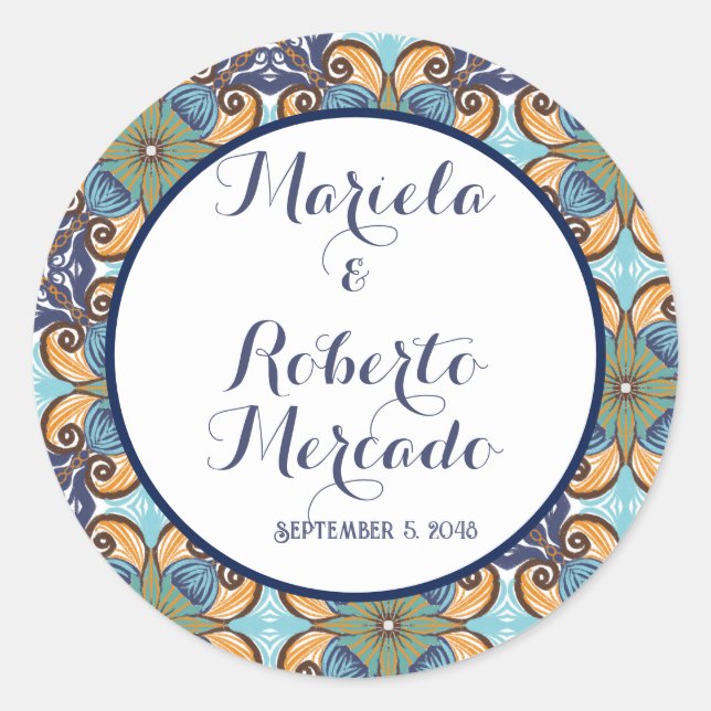 Sticker Rond Élégant Mariage Floral Mexicain Talavera (Devant)