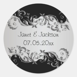 Sticker Rond Élégant Mariage floral noir et argent
