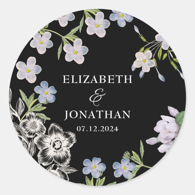Sticker Rond Élégant Mariage floral noir et blanc (Devant)