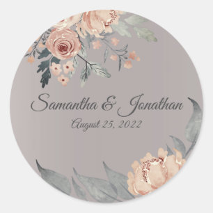 Sticker Rond Élégant Mariage floral rose argenté romantique