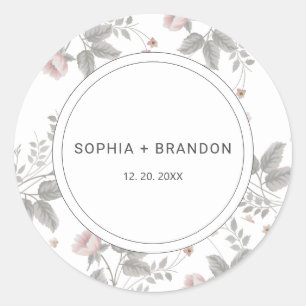 Sticker Rond Élégant Mariage floral rose et gris foncé