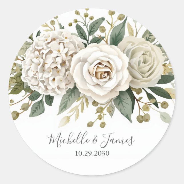 Sticker Rond Élégant mariage floral Rose Hydrangea aquarelle (Devant)