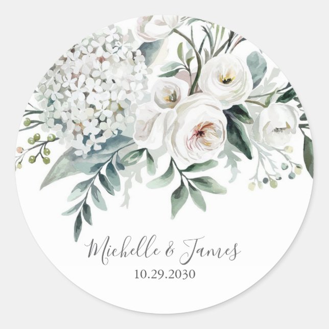 Sticker Rond Élégant mariage floral Rose Hydrangea aquarelle (Devant)