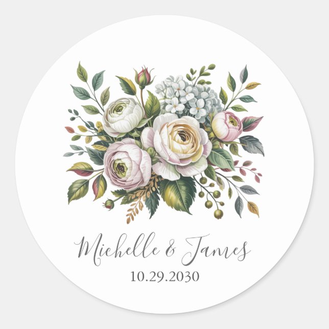 Sticker Rond Élégant mariage floral Rose Hydrangea aquarelle (Devant)