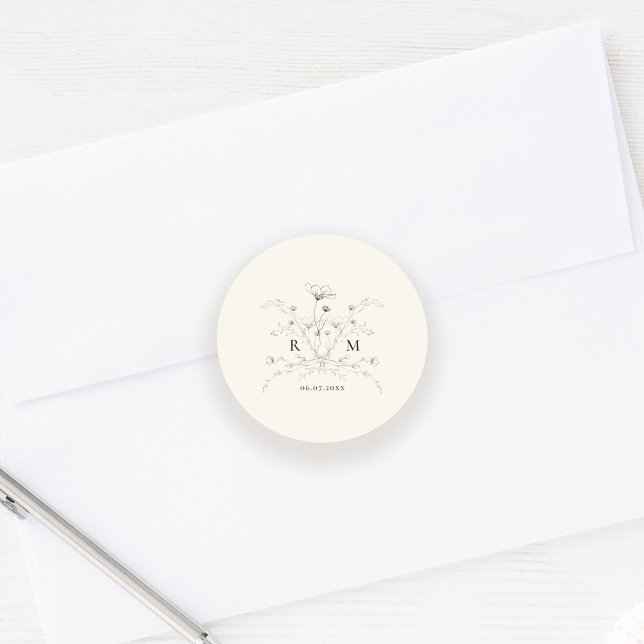 Sticker Rond Élégant Mariage floral rustique esquissé (Créateur téléchargé)