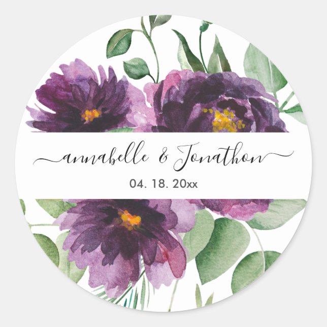 Sticker Rond Élégant Mariage floral vert violet (Devant)