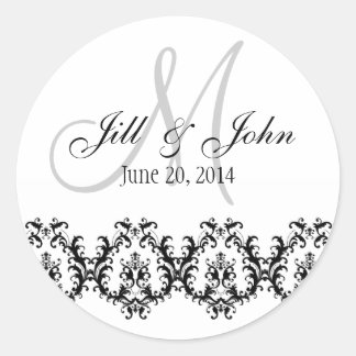 Sticker Rond Élégant mariage gris monogramme Enregistrer la dat