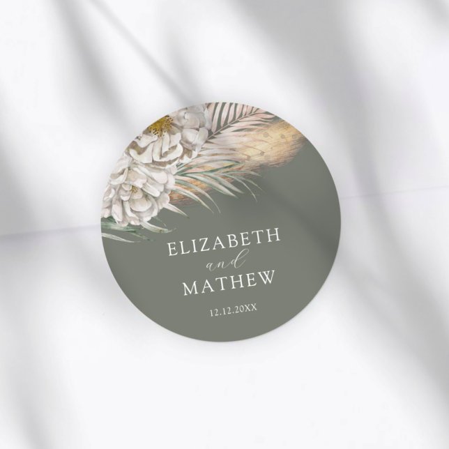 Sticker Rond Élégant mariage herbe de Pampas sauge foncée (Créateur téléchargé)