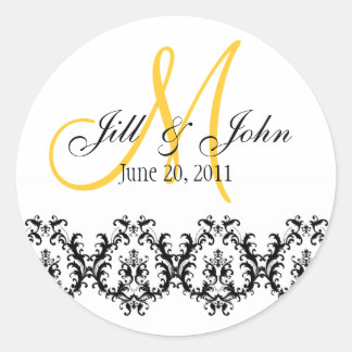 Sticker Rond Élégant mariage jaune Monogramme Enregistrer la da