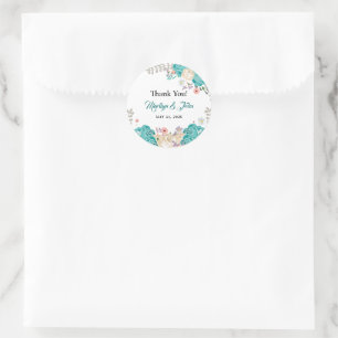 Sticker Rond Elégant Mariage Merci Aquarelle Fleurs Bleues